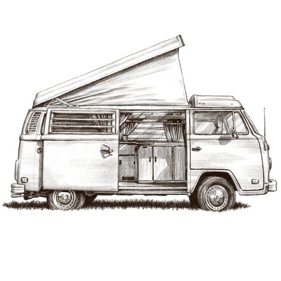 Vintage camper van with pop-top roof and open side door, illustrated in black and white line art. Retro travel concept.