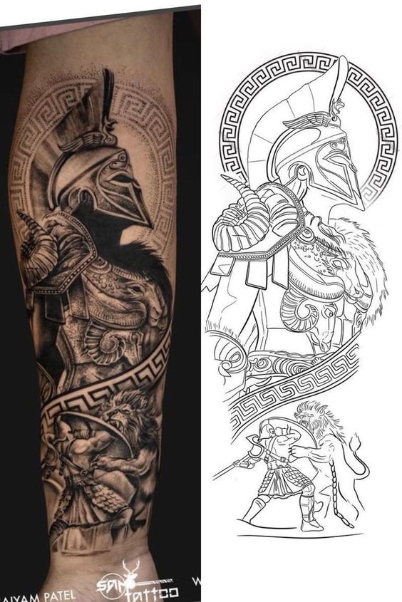 Detailed Spartan warrior tattoo on arm next to the original line drawing design, featuring intricate armor and a lion.