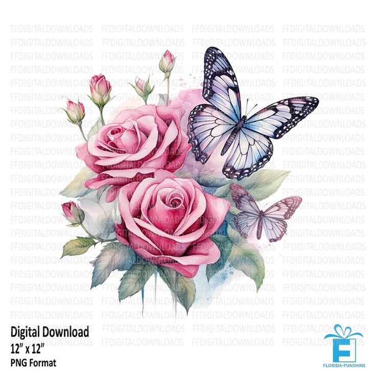 Watercolor pink roses and butterflies on a transparent background. Digital download, 12x12 PNG for crafts or decor.