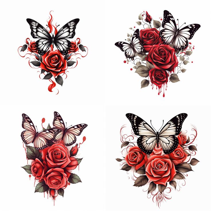 Four floral tattoo designs featuring vibrant red roses and black and white butterflies against a white background.