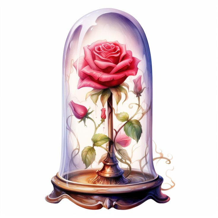 Enchanted red rose under a glass dome on a wooden base, with green leaves and budding flowers, illuminated softly.