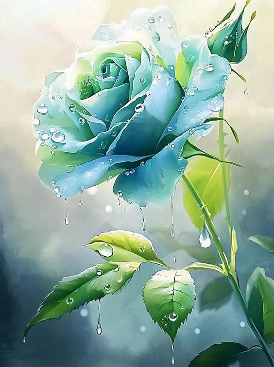 Blue rose with dew drops, showcasing delicate petals and vibrant green leaves in a serene, artistic setting.