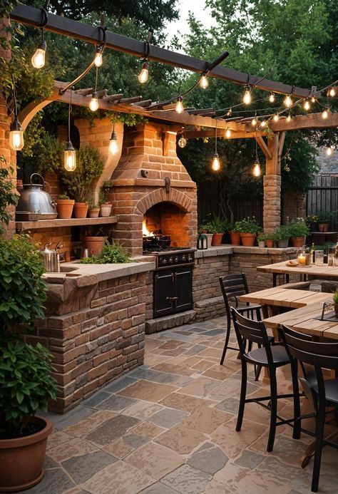 Charming outdoor patio with brick fireplace, string lights, and rustic dining area surrounded by lush greenery and potted plants.