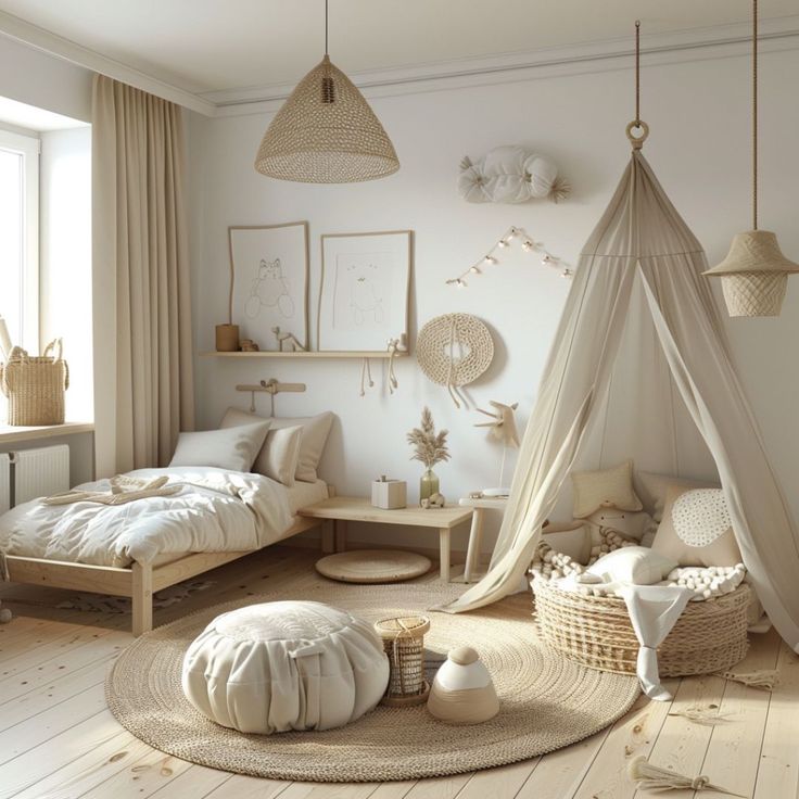 Minimalist children's room with natural tones, featuring a cozy bed, play tent, woven decor, and soft lighting.