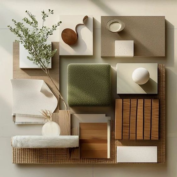 Assorted neutral-toned textures and shapes including plants, fabric, ceramic objects, and wood arranged artistically.