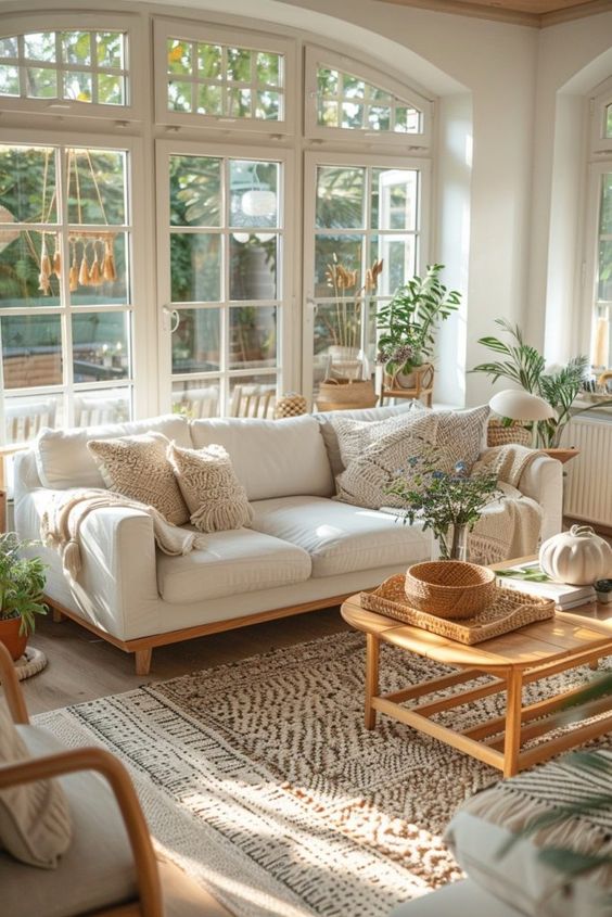 Bright, cozy living room with white sofa, patterned rug, wooden coffee table, and large windows letting in natural light.