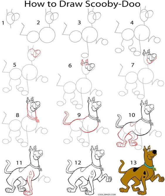 Step-by-step guide to drawing Scooby-Doo from basic shapes to a complete colored cartoon character.