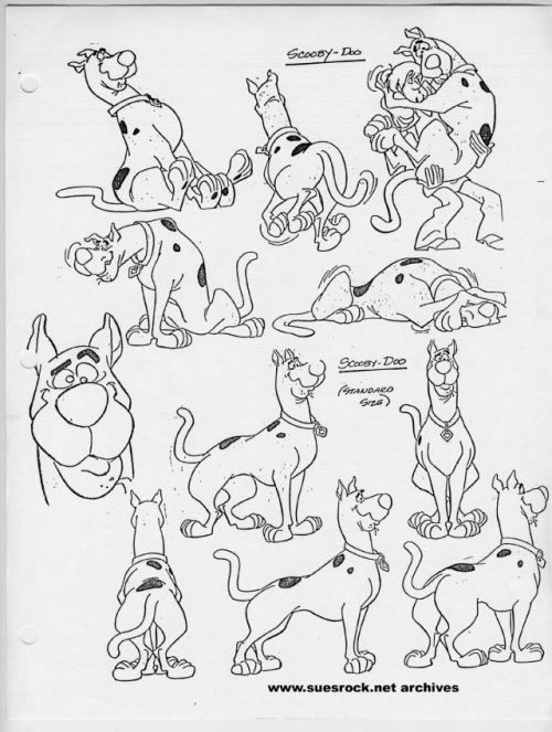 Black and white sketches of Scooby-Doo in various poses, showcasing the beloved cartoon dog's playful and curious demeanor.