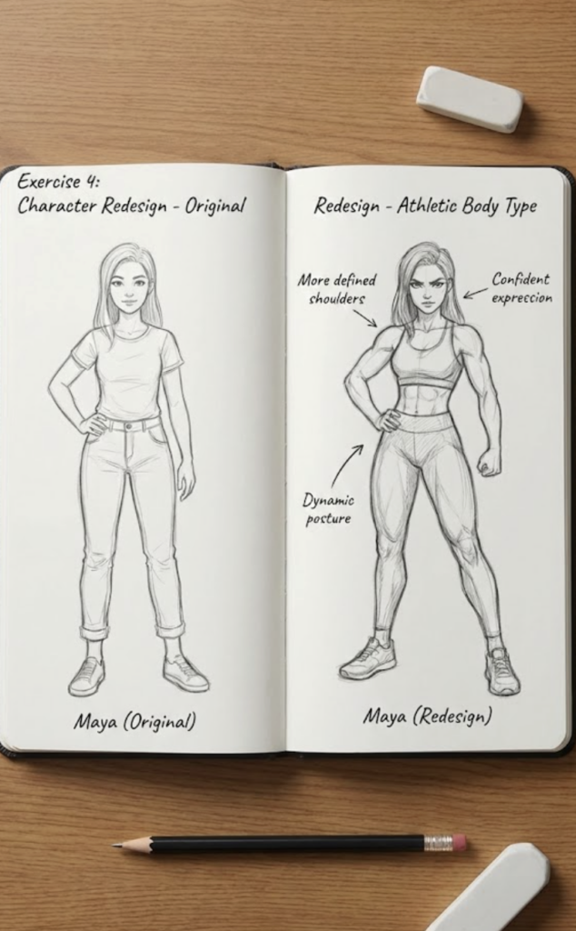 Screenshot 2026-02-13 at 181733 Sketchbook before-and-after: character redesign of Maya showing original casual sketch next to athletic, muscular body type study. | Sky Rye Design Sketchbook before-and-after: character redesign of Maya showing original casual sketch next to athletic, muscular body type study.