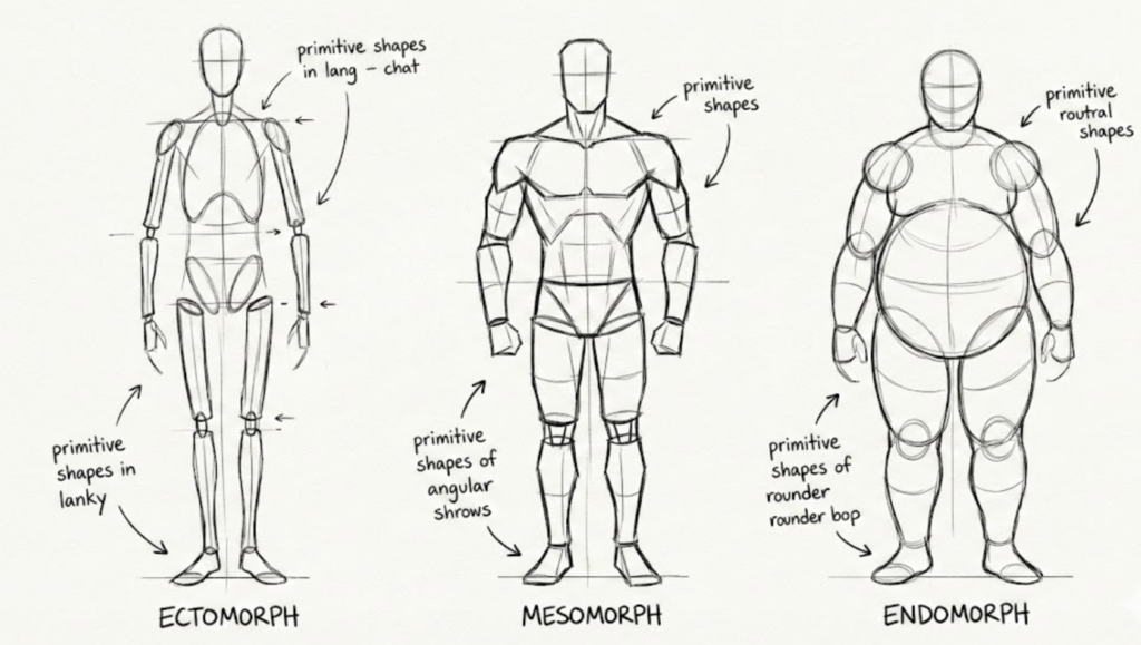 Screenshot 2026-02-13 at 182545 Figure-drawing tutorial sketch of three body types: ectomorph, mesomorph, endomorph, showing primitive shape construction for anatomy. | Sky Rye Design Figure-drawing tutorial sketch of three body types: ectomorph, mesomorph, endomorph, showing primitive shape construction for anatomy.
