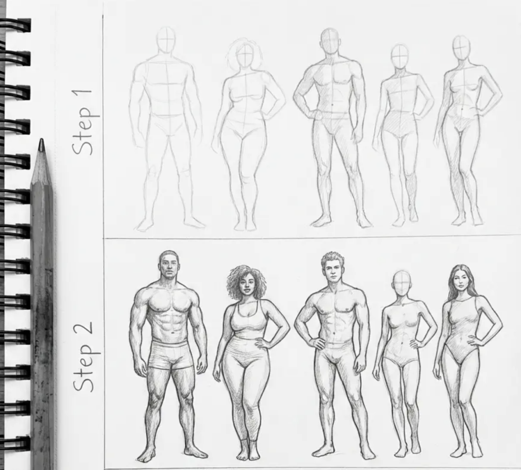 Screenshot 2026-02-13 at 182703 Pencil figure drawing tutorial: Step 1 basic mannequins; Step 2 detailed pencil sketches of varied male and female body types. | Sky Rye Design Pencil figure drawing tutorial: Step 1 basic mannequins; Step 2 detailed pencil sketches of varied male and female body types.
