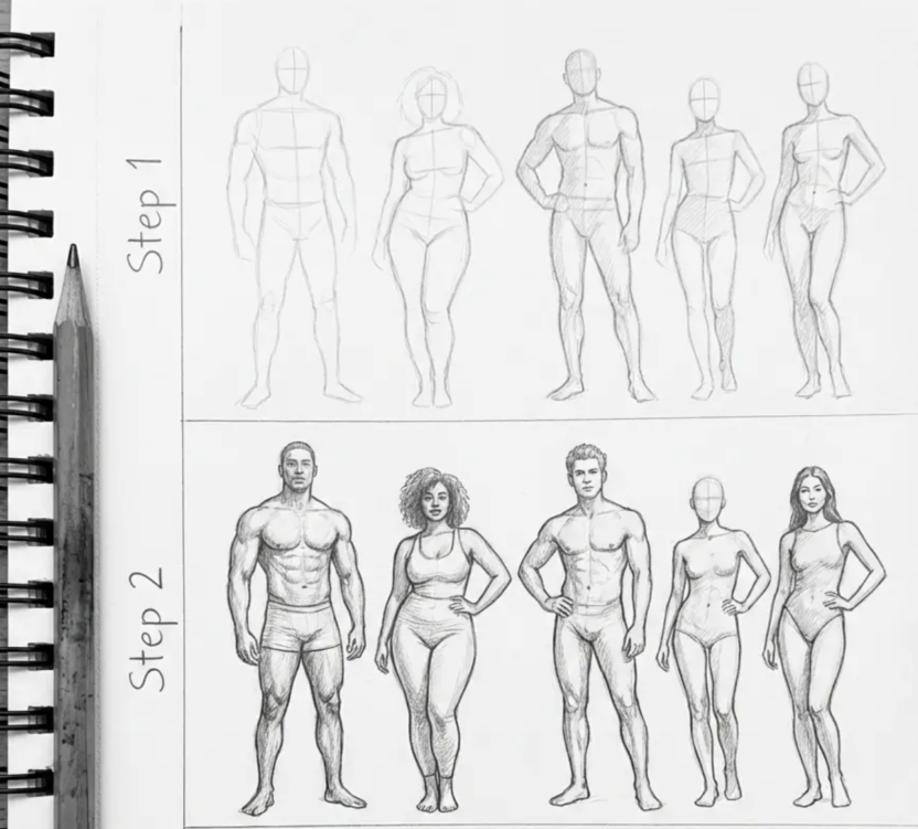 Body Types Drawing: From Clone Figures to Real Humans