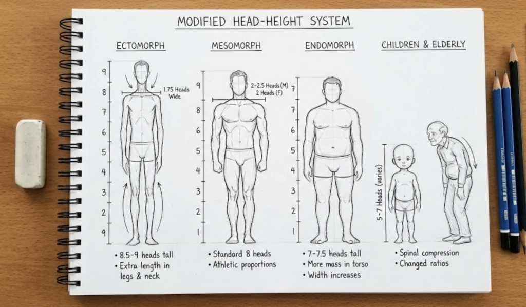 Screenshot 2026-02-13 at 183816 Diagram of modified head-height system showing ectomorph, mesomorph, endomorph and children/elderly body proportions for character design reference | Sky Rye Design Diagram of modified head-height system showing ectomorph, mesomorph, endomorph and children/elderly body proportions for character design reference