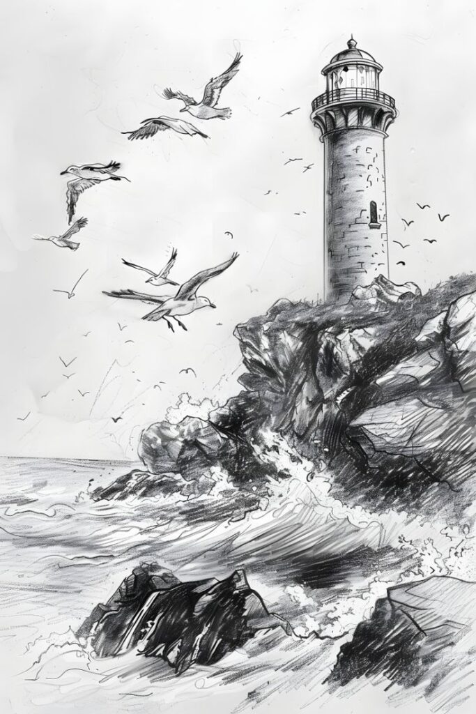 Illustration of a lighthouse on rocky cliffs with seagulls flying and waves crashing, evoking a coastal scene.