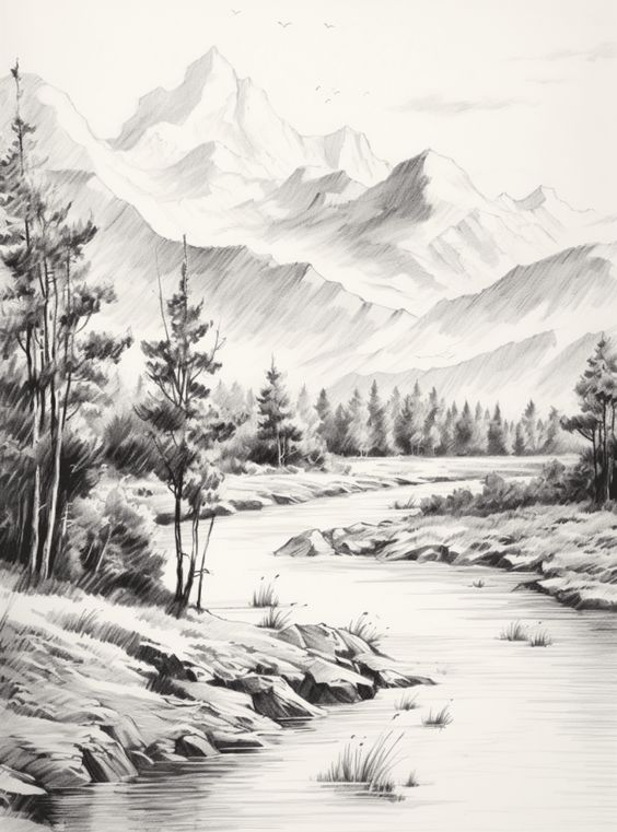 Black and white illustration of a serene mountain landscape with river, trees, and distant peaks. Nature-themed artwork.