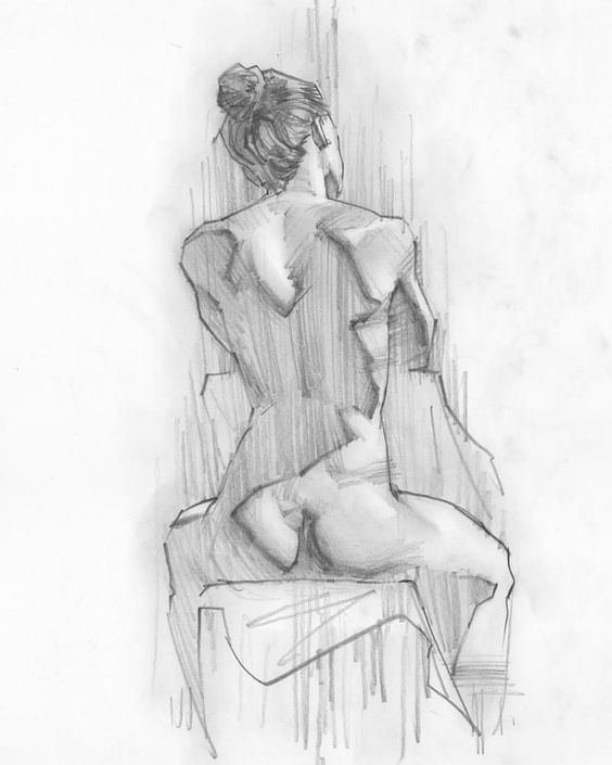 Sketch of a woman sitting, viewed from behind, pencil drawing highlighting details of hair and garment folds.