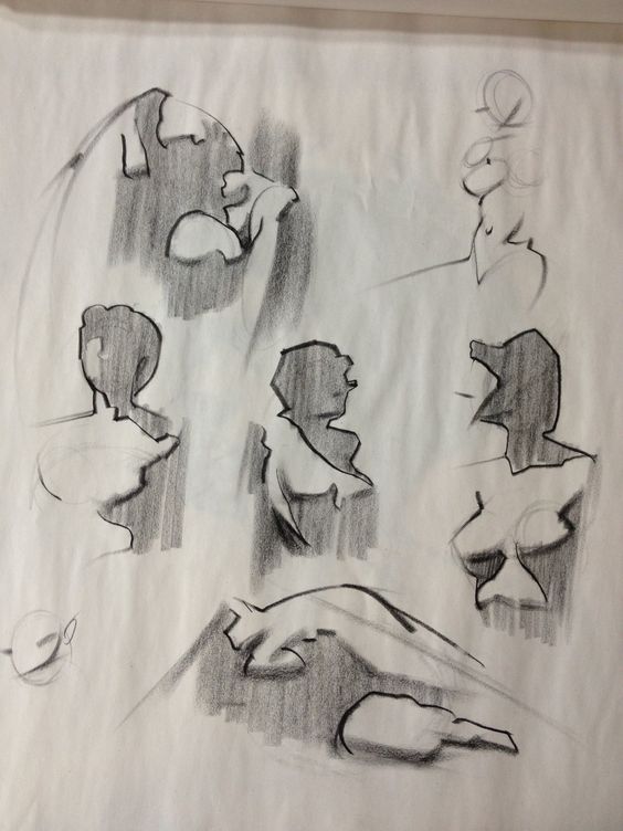 Quick gestural charcoal sketches of human figures on paper, capturing fluidity and form in various poses and angles.