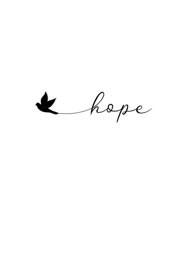 A minimalist illustration with a bird pulling the word hope written in cursive with a line.