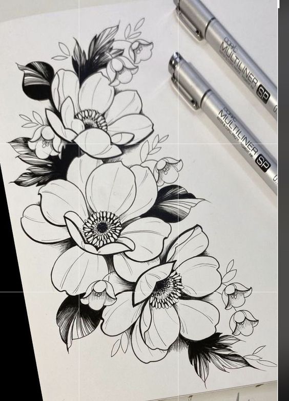 Black and white floral ink drawing with delicate flowers and leaves, created using multiliner pens, showcasing intricate detail.