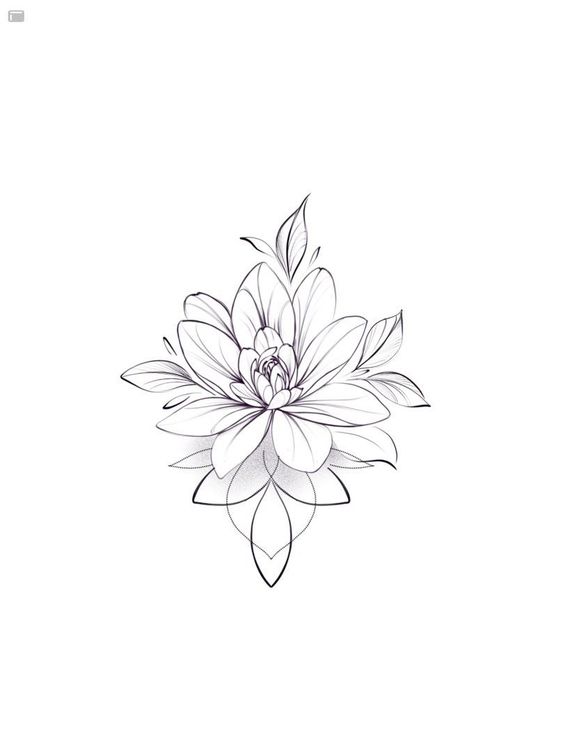 Intricate black and white floral illustration with detailed petals and leaves against a plain white background.