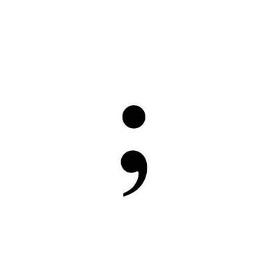 Semicolon symbol on a white background, representing pause and continuation in grammar, often used in mental health awareness campaigns.