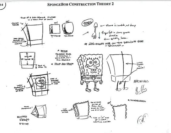 Illustrated guide showing how to draw SpongeBob SquarePants with detailed notes and annotations on character proportions.