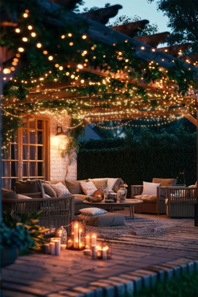 Cozy outdoor patio with string lights, comfortable seating, candles, and foliage on a wooden deck for tranquil evenings.