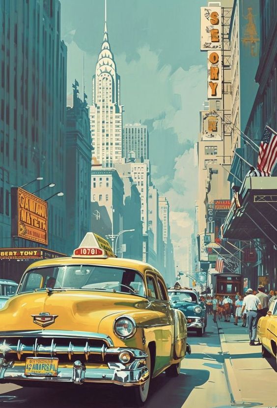 Vintage yellow taxi in bustling city street with skyscrapers and Chrysler Building in the background, New York City.