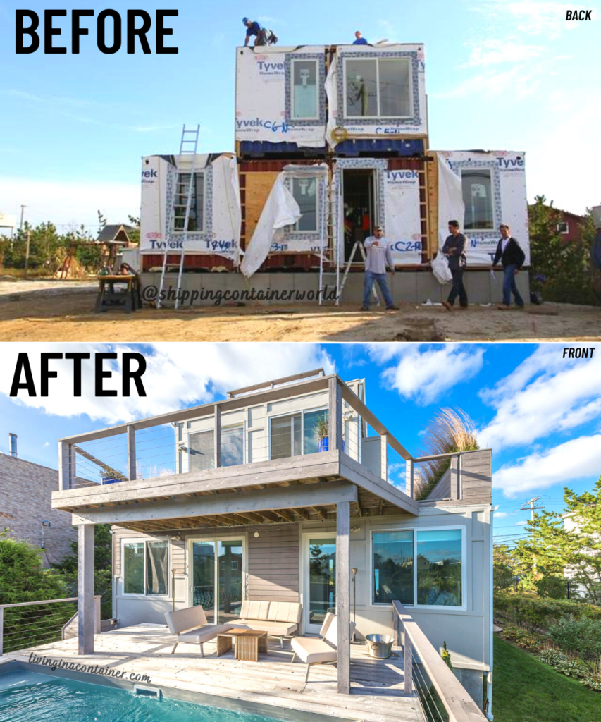 Shipping container house construction before and after transformation showing modern two-story home with pool.