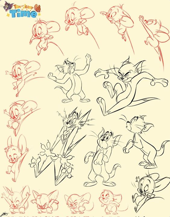 Sketches of animated cat and mouse characters, showcasing various dynamic expressions and poses from the Tom and Jerry series.