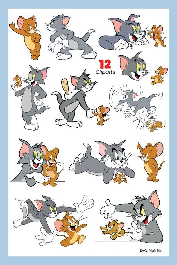 Cartoon cat and mouse characters in various playful poses, featuring 12 fun cliparts of classic animation duo.