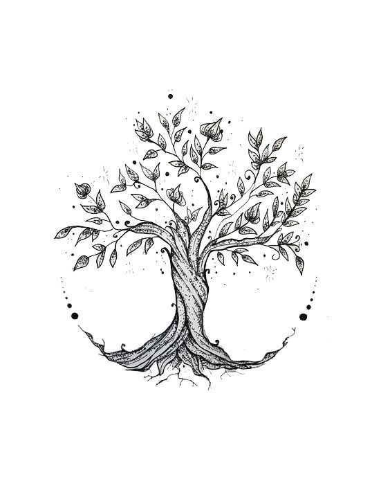 Intricate black and white tree illustration with detailed branches, leaves, and abstract patterns.