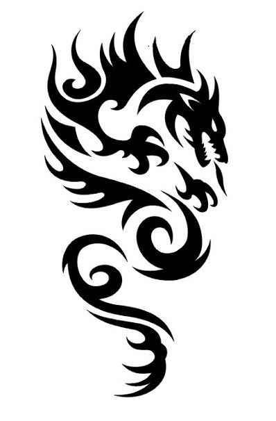 Tribal dragon tattoo design with intricate black patterns forming the shape of a fierce dragon, symbolizing strength and power.