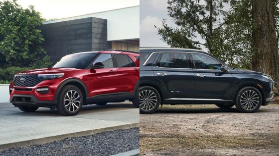 Side-by-side comparison of a red Ford Explorer and a black Mitsubishi Outlander, showcasing exterior design and style differences.