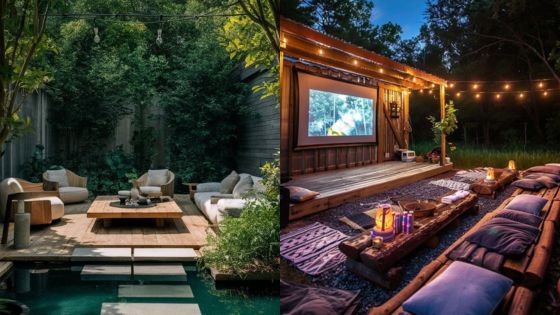 Cozy backyard lounge area and outdoor movie setup with string lights for an inviting evening atmosphere in a nature setting.