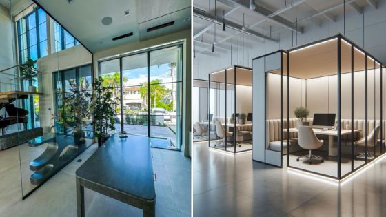 Modern office space with glass walls, natural light, and sleek furniture for an open and collaborative work environment.