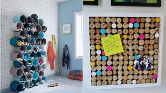 Creative shoe storage idea and cork memory board with notes, optimizing space in a room for shoes and reminders.