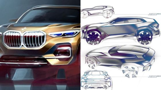 Concept sketches of a luxury SUV showcasing front and side views with detailed design elements and innovative features.