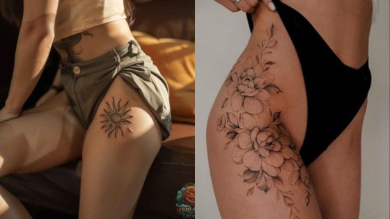 Stylish thigh tattoos on women, featuring a sun design on one and a floral tattoo on the other. Beautiful thigh tattoo art.