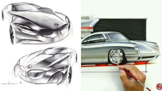 Car design sketches featuring sports car concepts and an artist drawing detailed side view of a vintage car.