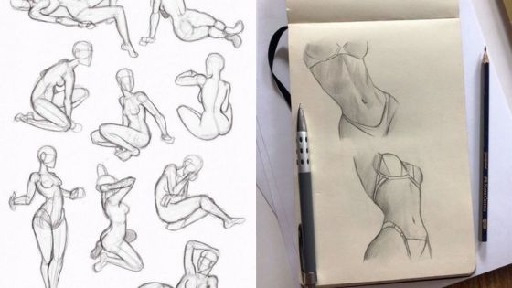 Sketches of female anatomy: multiple sketches on left, detailed torso drawings in sketchbook on right, pencil beside it.