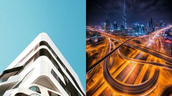 Modern white building against blue sky and aerial view of a vibrant cityscape with illuminated roads at night.