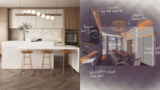 Modern kitchen design with bar stools and marble island on the left, conceptual restaurant layout sketch on the right.