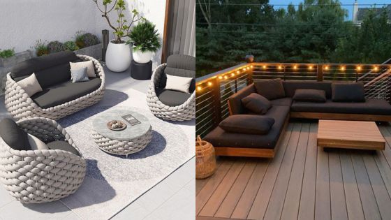 Modern outdoor patio furniture sets: stylish seating arrangements with cozy cushions and inviting ambiance for relaxation and gatherings.