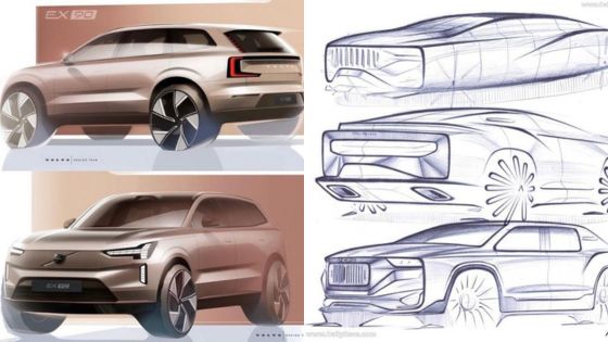 Concept sketches of a futuristic SUV design highlighting detailed exterior elements, showcasing innovative automotive styling.