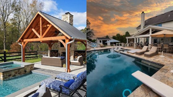 Luxury outdoor living spaces with pool, hot tub, pergola, and lounge area under a stunning sky at sunset. Perfect for relaxation.