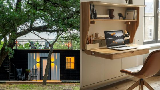 Cozy modern tiny house with outdoor seating area and a stylish home office with a laptop setup.