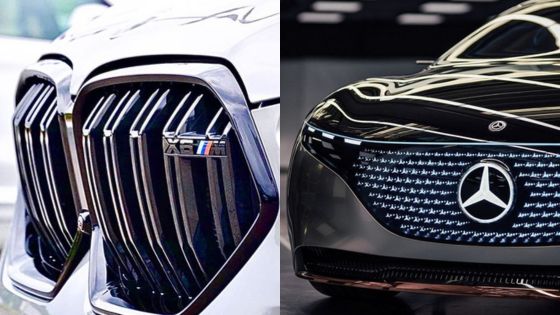 Close-up of BMW and Mercedes-Benz car grilles showcasing brand logos and design details side-by-side.