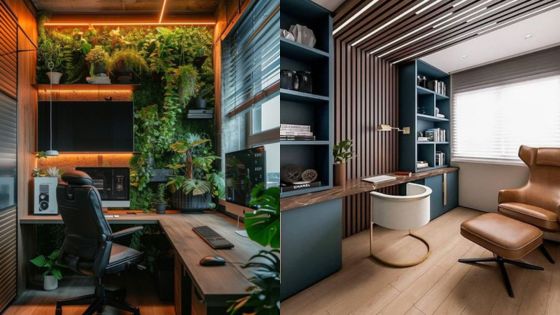 Side-by-side modern home offices: one with greenery and warm lighting, the other with minimalist decor and a cozy chair.