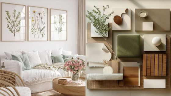 Modern living room with botanical wall art, cozy white couch, and decorative elements in earthy tones, featuring a floral arrangement.